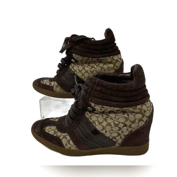 Coach Women's Alara Signature Print Brown Suede Wedged Heeled Boots Size 9.5M - Picture 3 of 7